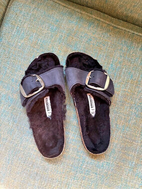 Birkenstock Madrid Big Buckle Shearling Black & Brown Sandals 37
